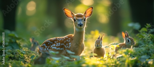 Forest fawn and bunnies in sunlight