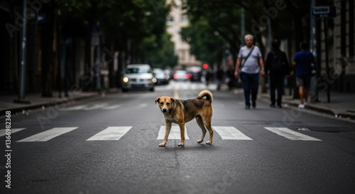 Street Dog Crossing City Street on Crosswalk