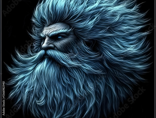 Digital Portrait Of Bearded Man With Blue Hair on Black Background Illustration
