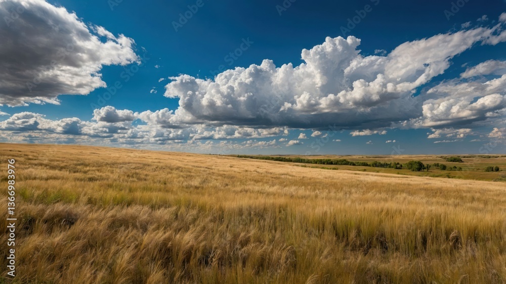 Golden Wheat Field Under Bright Blue Sky with Puffy White Clouds Golden Wheat Field Under Bright Blue Sky with Puffy White Clouds