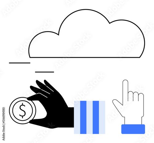 Hand holding coin near cloud with other hand pointing up, symbolizing digital economy, cloud storage, finance transactions, innovation, data access, online banking, flat simple metaphor