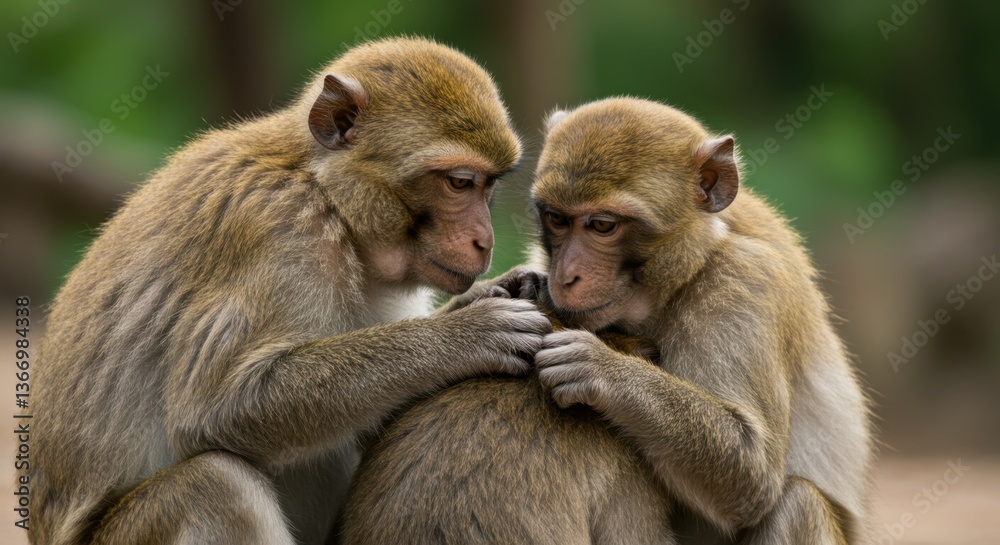 Fototapeta premium Two Monkeys Grooming Each Other in Nature