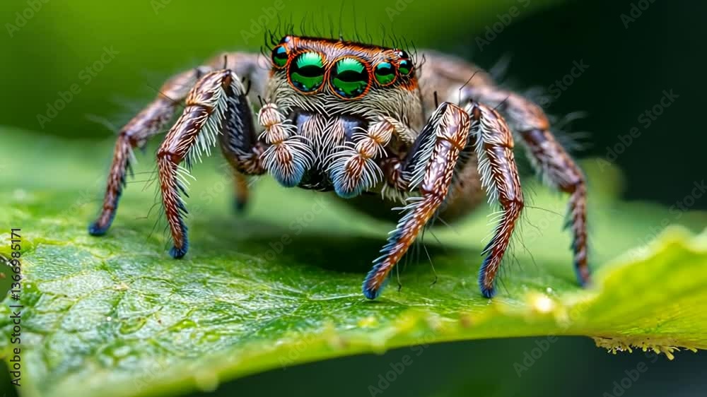 A close-up macro photograph of a vibrant green-eyed jumping spider on a green leaf. A close-up macro photograph of a vibrant green-eyed jumping spider on a green leaf.