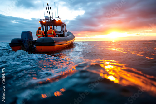 A rubber boat with crew members navigates the ocean at sunset, reflecting vibrant colors on the water's surface.