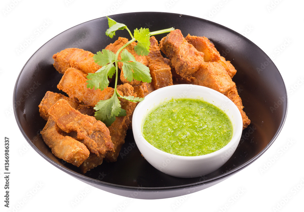Oriental Roast Pork Belly with spicy sauce isolated on a transparent background.