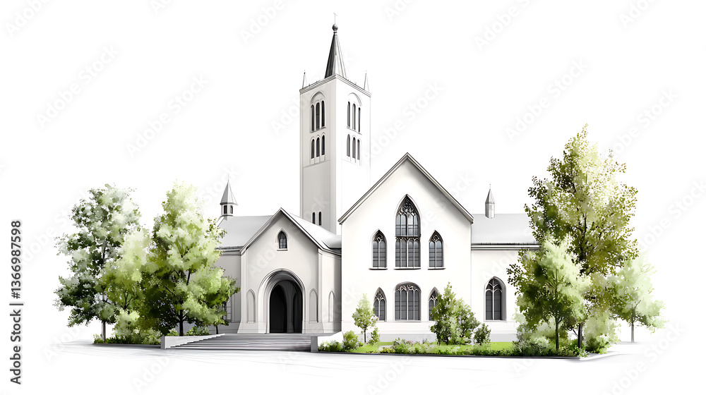 Fototapeta premium Historic cathedral architectural sketch urban landscape detailed artwork serene environment side view conceptual design