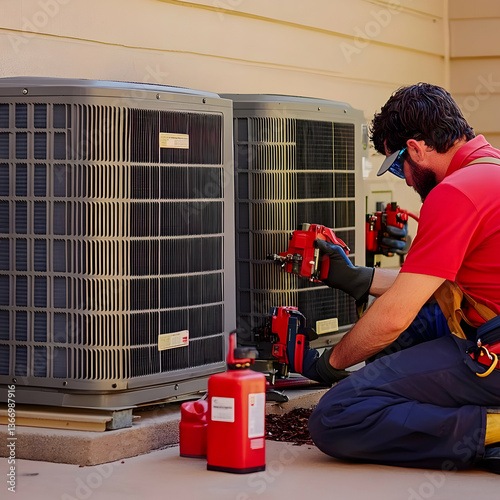 HVAC Technician Repairing Air Conditioner With Tools Outdoors