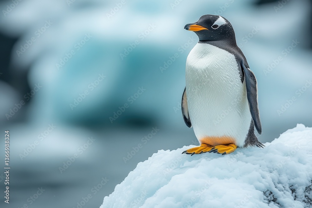 Fototapeta premium Solitary Penguin on Icy Cliff in a Stunning Frozen Landscape With Gentle Waves and Soft Colors Under a Cloudy Sky
