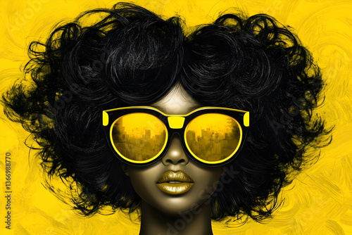 Illustration Of A Woman With Afro Sunglasses And Gold Lips In A Yellow Background