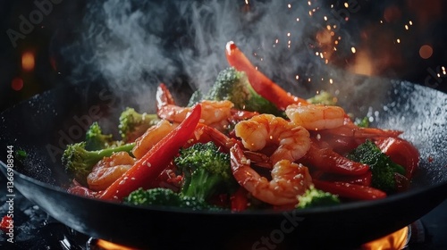 Cooking Stir Fry with Shrimp Broccoli and Red Peppers in a Wok Pan