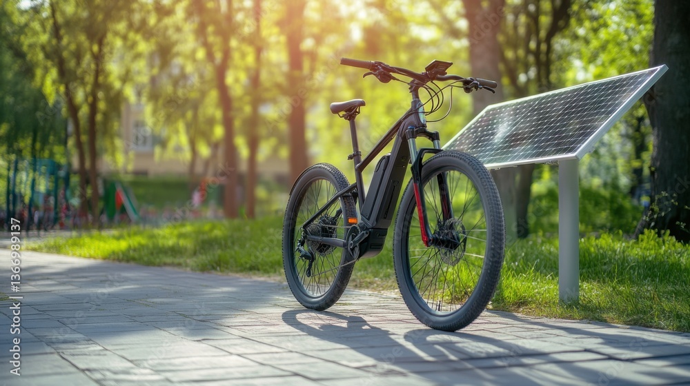 Fototapeta premium Electric bike charging at a sustainable energy station in a city park, green urban park with solar-powered charging stations, Eco-tech style