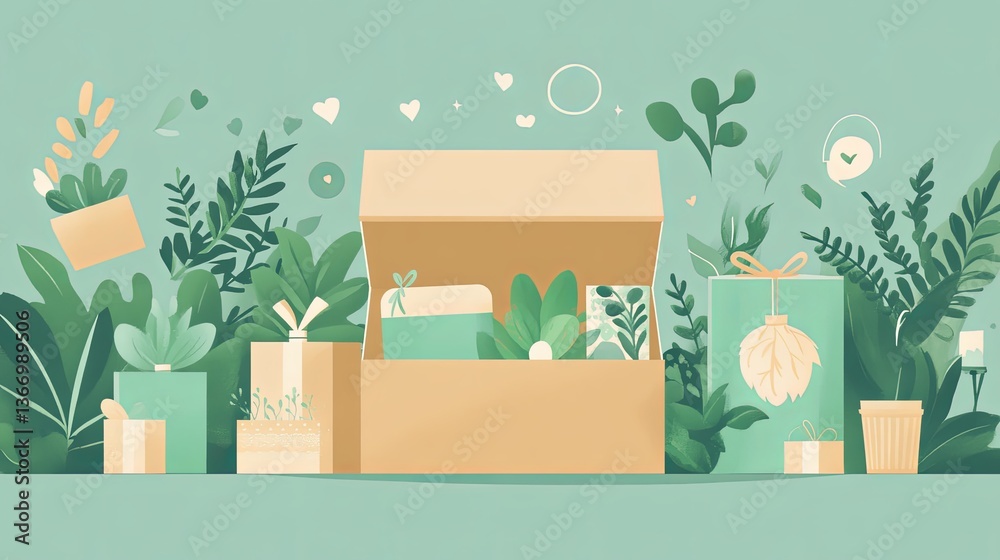 A clean representation of a subscription box concept with small eco-friendly gifts inside. picture A clean representation of a subscription box concept with small eco-friendly gifts inside. picture