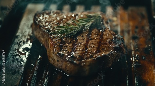 Grilled Steak with Rosemary on a Grill Grate Ready for a Delicious Dinner