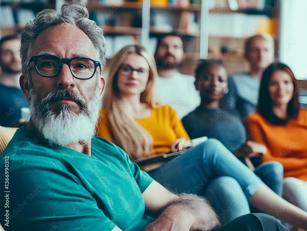 Group Portrait Of Men And Women In A Meeting Room With Green Shirt Group Portrait Of Men And Women In A Meeting Room With Green Shirt