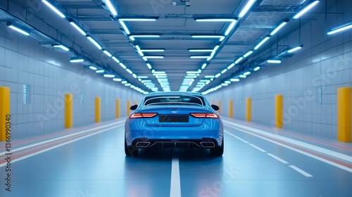 Rear view of a blue car in a brightly lit tunnel
