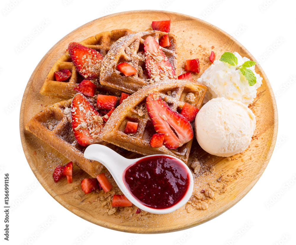 Strawberry waffles whit strawberry sauce and ice cream isolated on a transparent background.