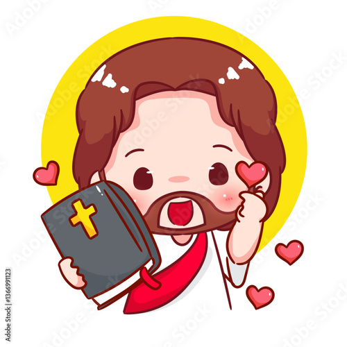 Cute Jesus holding bible and posing love hand sign cartoon character. Christianity concept design. Bible story vector illustration