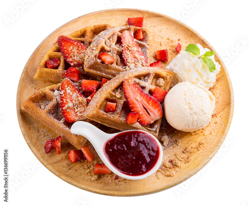 Obraz na płótnie Strawberry waffles whit strawberry sauce and ice cream isolated on a transparent background. w salonie