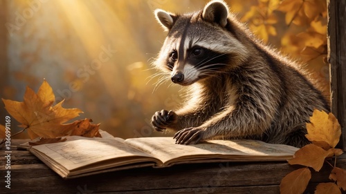 Raccoon Reading Book Outdoors in Autumn Sunlight and Falling Leaves
