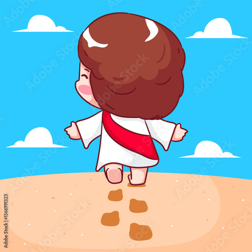 Cute Jesus walking with foot steps. Follow Jesus cartoon character. Christianity concept design. Bible story vector illustration