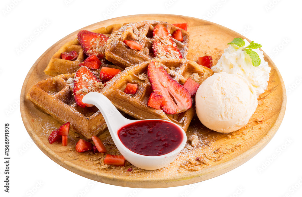 Strawberry waffles whit strawberry sauce and ice cream isolated on a transparent background.