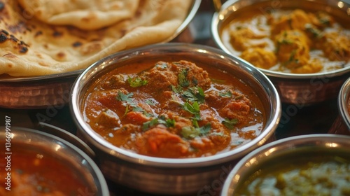 Serving Indian Cuisine Featuring Chicken Tikka Masala and Naan Bread