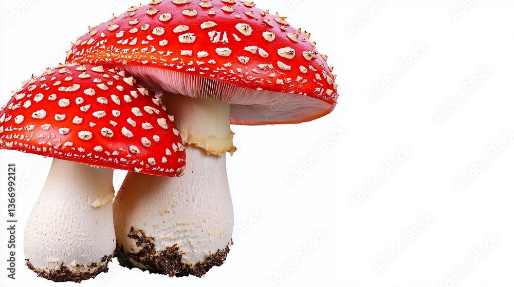Obraz premium Two Red Mushrooms with White Spots on White Background