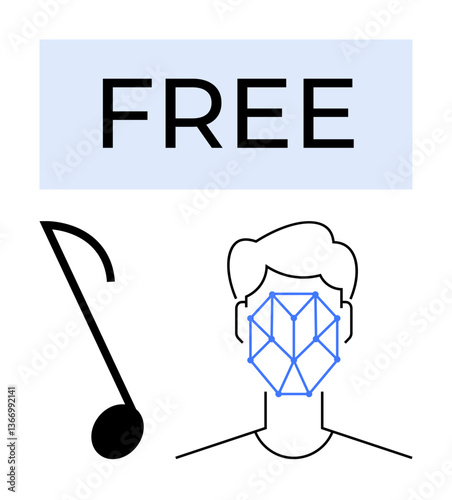 Linear sketch of a face with a geometric pattern, music note, and FREE text overlay. Ideal for identity verification, audio technology, AI, creative tools, accessibility licensing inclusivity. Flat