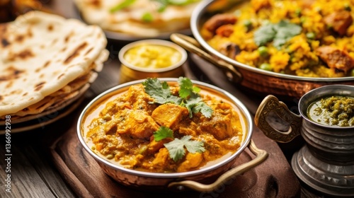 Serving of Chicken Curry with Naan Bread and Rice Pilaf
