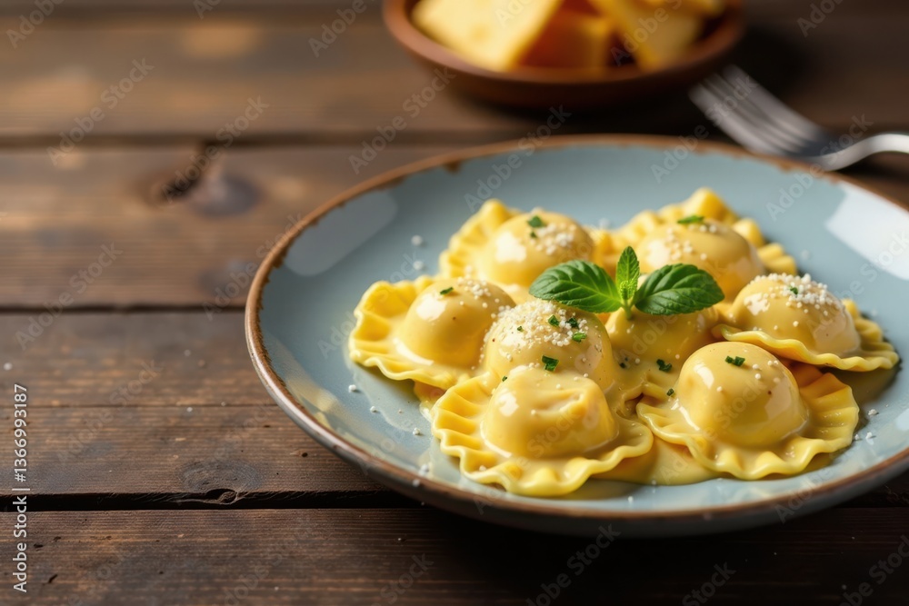 Wooden table with ravioli and creamy sauce served in a plate, table setting, cream sauce, ravioli