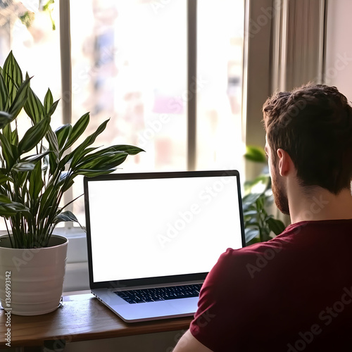 Man Working On Laptop At Desk By Window With Plant A Photo