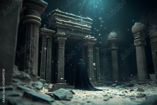 Mysterious Figure In Dark Underwater Ruins Illuminated With Glowing Lights Photo