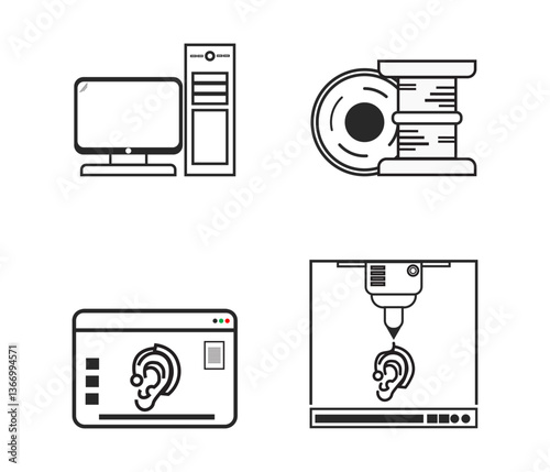 Four black and white icons: computer setup, spool, webpage with ear icon, and 3D printer with ear being printed.  Represents 3D printing for hearing aids.