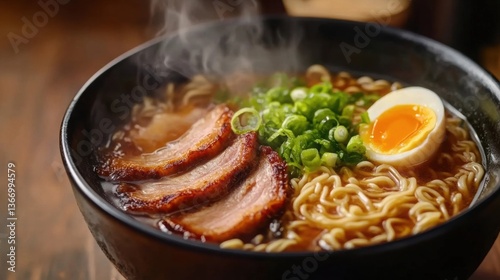 Steaming Bowl of Delicious Ramen with Pork Belly and Soft Boiled Egg