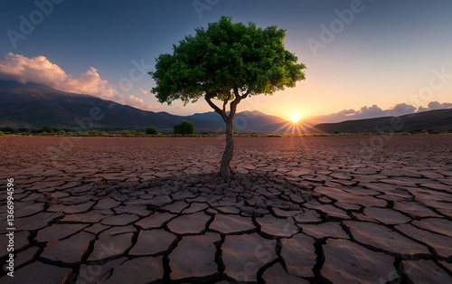 Lone Tree, Dry Land, Sunset photo