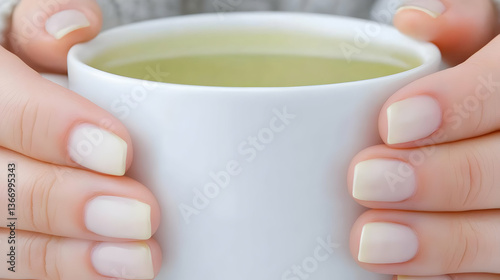 Photo A Woman Holding a White Cup of Green Tea Closeup