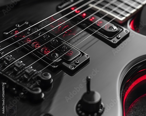 Close-up of black electric guitar with red LED lighting.