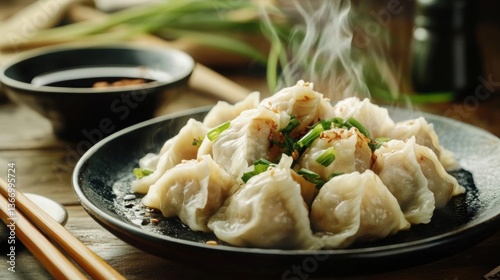 Steaming Plate of Delicious Dumplings Served with Soy Sauce for Dinner