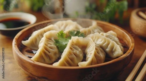 Steaming Dumplings in a Wooden Bowl with Soy Sauce for Asian Food Concept