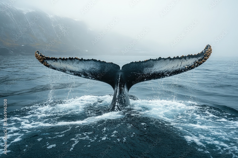 Obraz premium Majestic Whale Tail Gracefully Propels Through Tranquil Waters of a Stunning Fjord Under Cloudy Skies