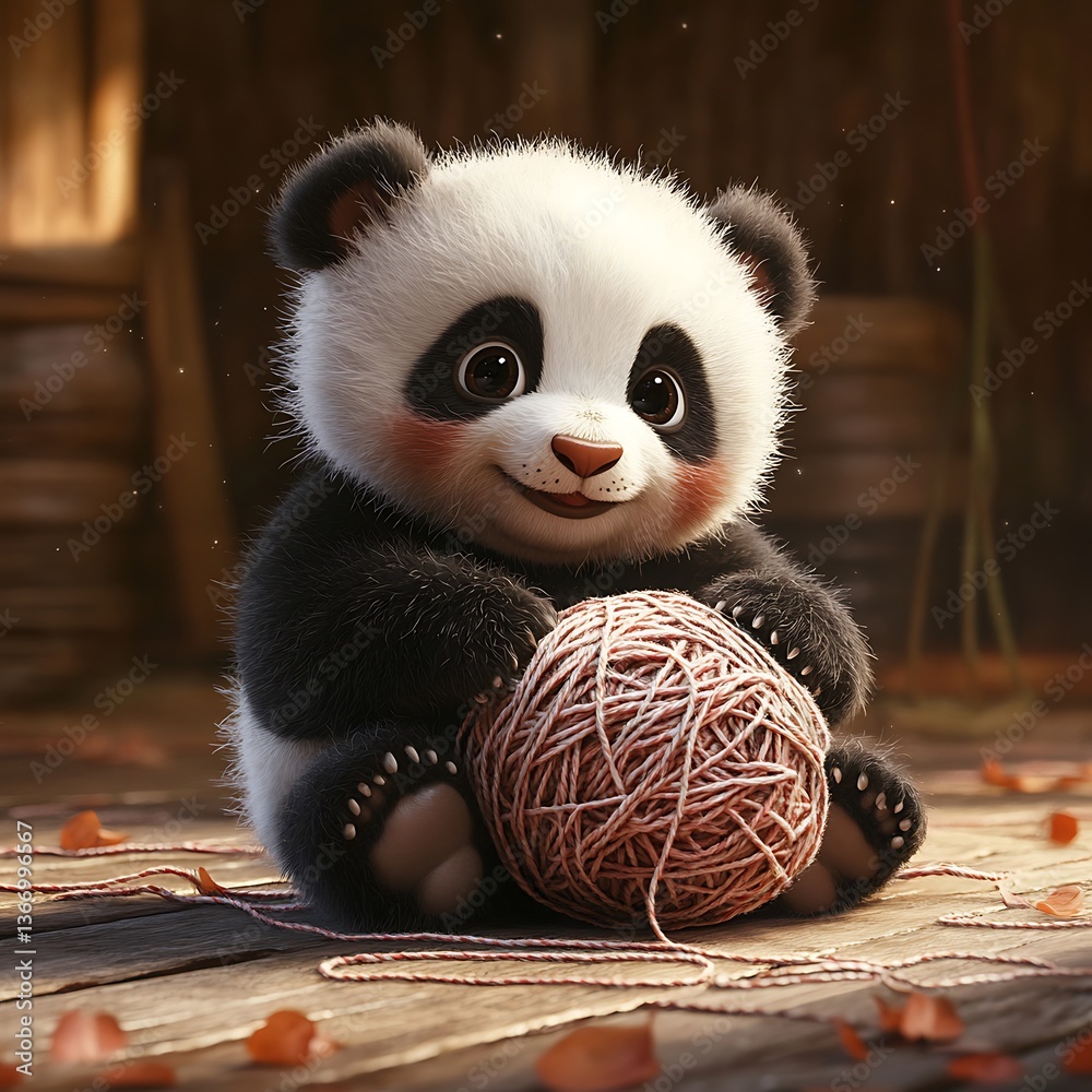 Fototapeta premium Adorable Panda Cub with Yarn Ball: A Digital Art Masterpiece