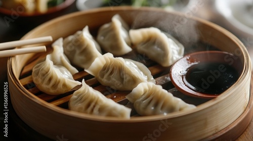 Steaming Dumplings in a Bamboo Steamer with Soy Sauce Delicious Food Photo