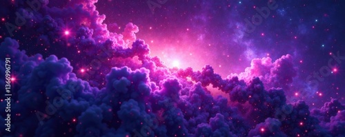 A glowing nebula with swirling purple gas and pink stars in a deep space background, space, pink, galaxy