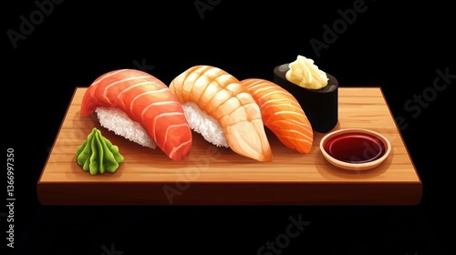Delicious Sushi Nigiri on Wooden Board with Wasabi and Soy Sauce Closeup