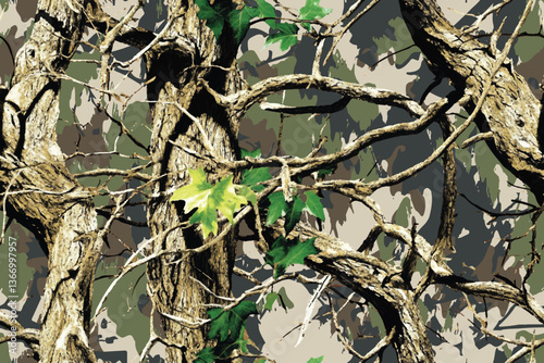 Realistic forest camouflage. Seamless pattern. Conifer tree, branches and leaves. Useable for hunting and military purposes. Vector camouflage background. 