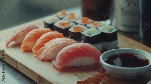 Fresh Sushi Platter with Soy Sauce on Wooden Board for Delicious Meal