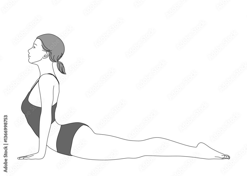 ヨガ 上向きの犬のポーズをする日本人女性のイラスト 全身横向き
