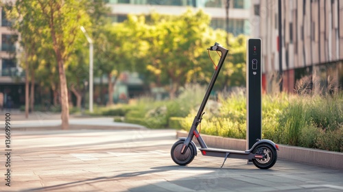 Electric scooter being charged at a public charging station in an urban setting, modern city with green spaces and bike-friendly infrastructure, Eco-tech style