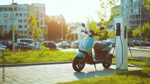 Electric scooter being charged at a public charging station in an urban setting, modern city with green spaces and bike-friendly infrastructure, Eco-tech style