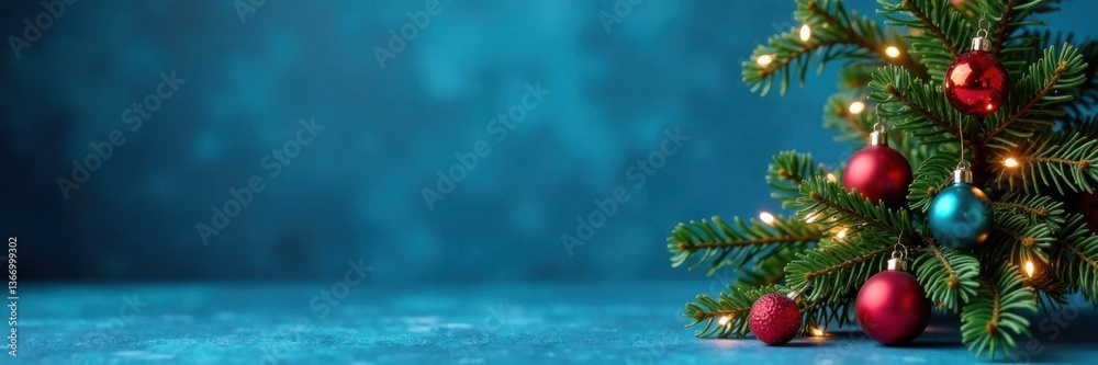 Blue background with modern Christmas tree, ornaments and lights, card set elements, background, lights, ornaments Blue background with modern Christmas tree, ornaments and lights, card set elements, background, lights, ornaments